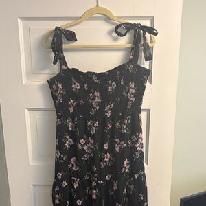 Lulu's Black Floral Midi Dress with Pink Blossoms